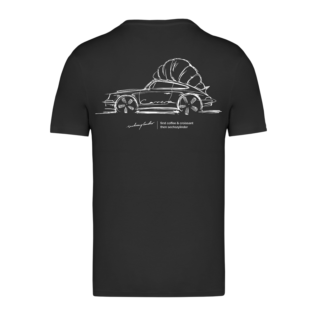 T-Shirt „First Coffee & Croissant, then Sechszylinder"