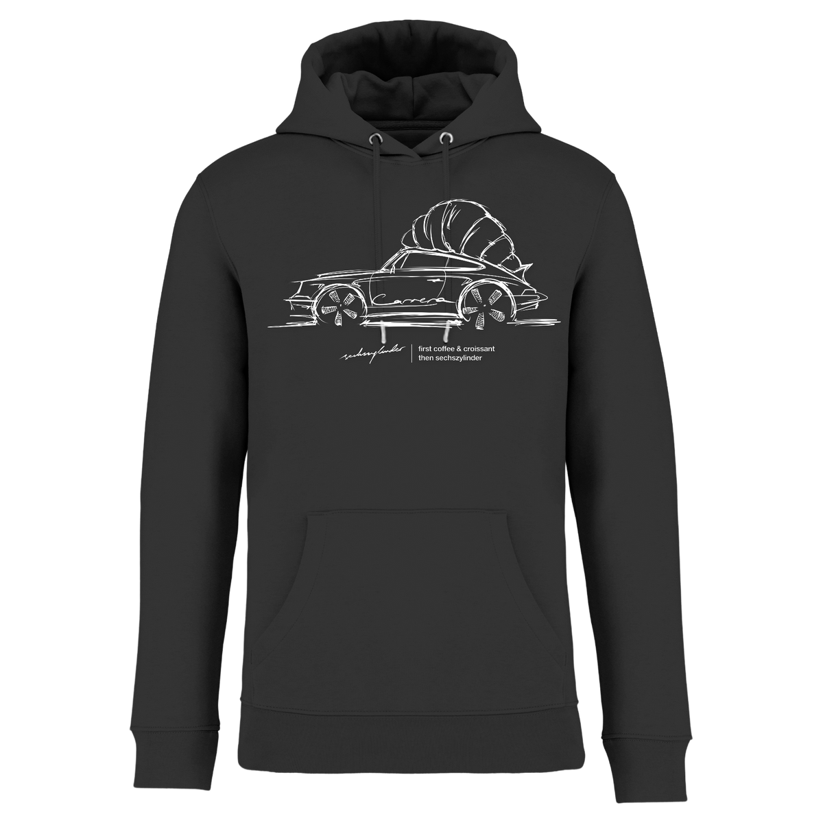 Unisex Hoodie „First Coffee & Croissant, then Sechszylinder" – Schwarz